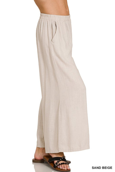 PLEATED LINEN BLEND WIDE LEG PANTS