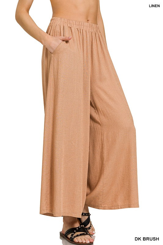 PLEATED LINEN BLEND WIDE LEG PANTS