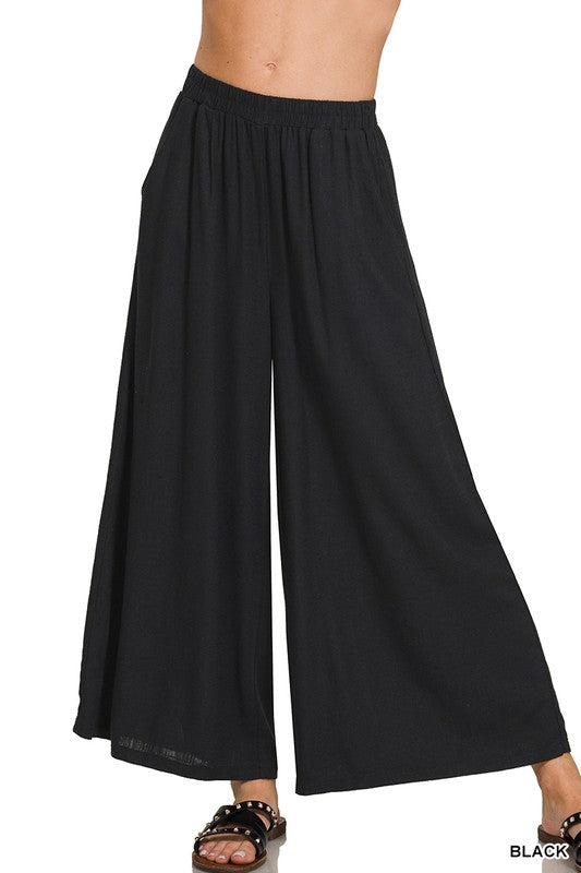 PLEATED LINEN BLEND WIDE LEG PANTS