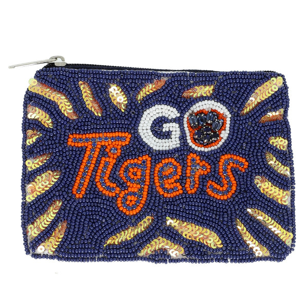 GO TIGERS SEED BEADED FOOTBALL COIN BAG