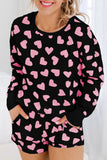 Black Valentine Heart Shape Print Long Sleeve Top Shorts Lounge Set