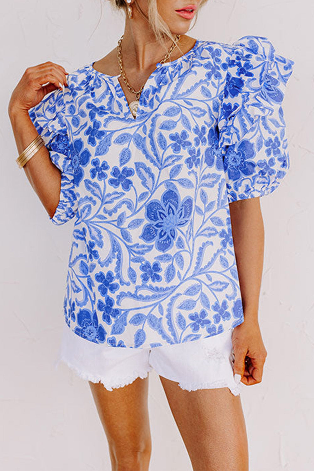 "Lotus" Ruffled Bubble Sleeve Blouse