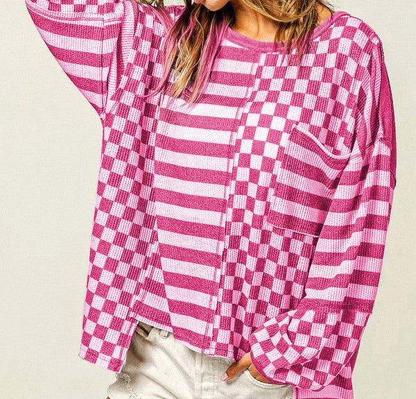 Checkerboard Striped Lantern Sleeve Blouse