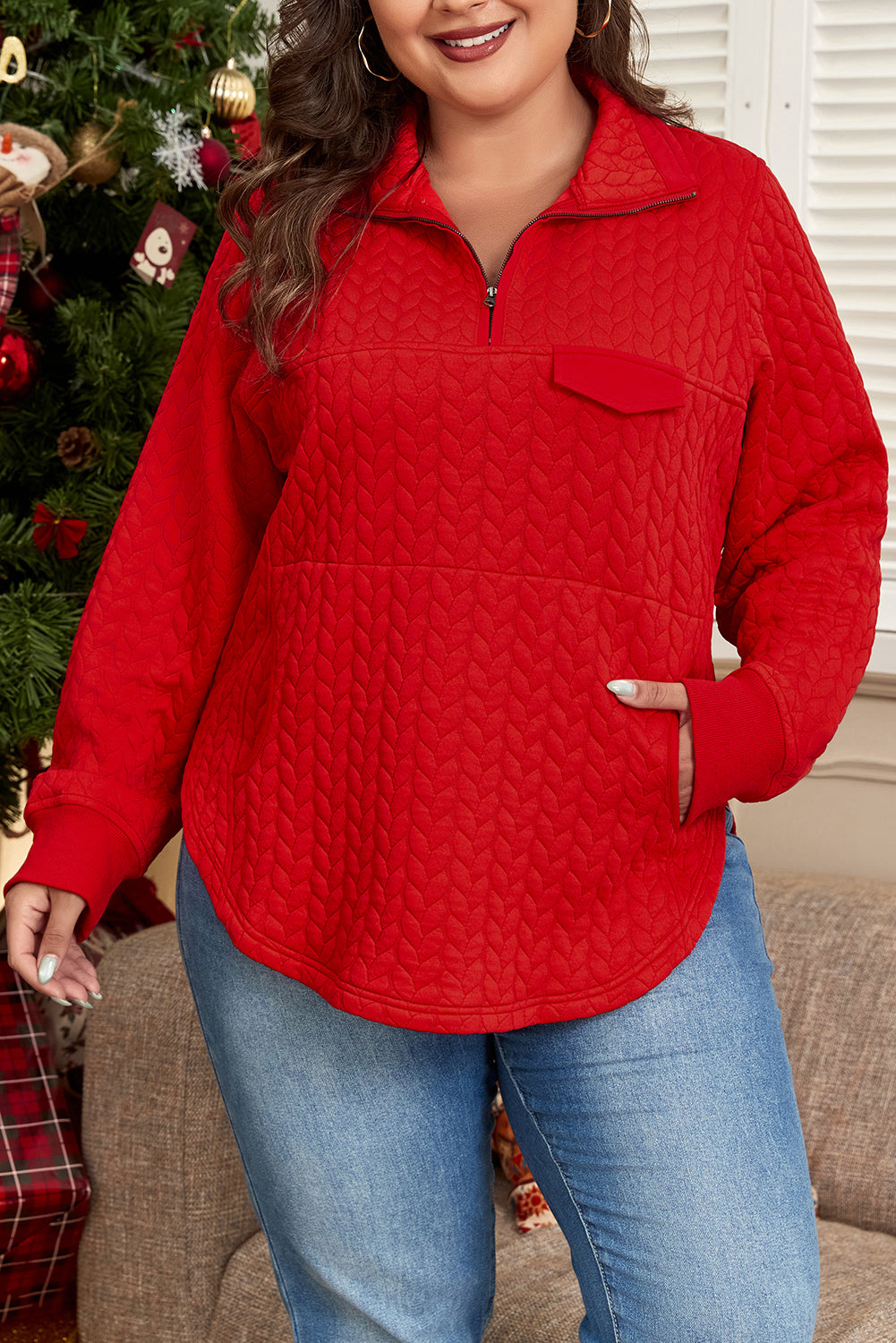 Cable Textured Quarter Zip Plus Size Pullover